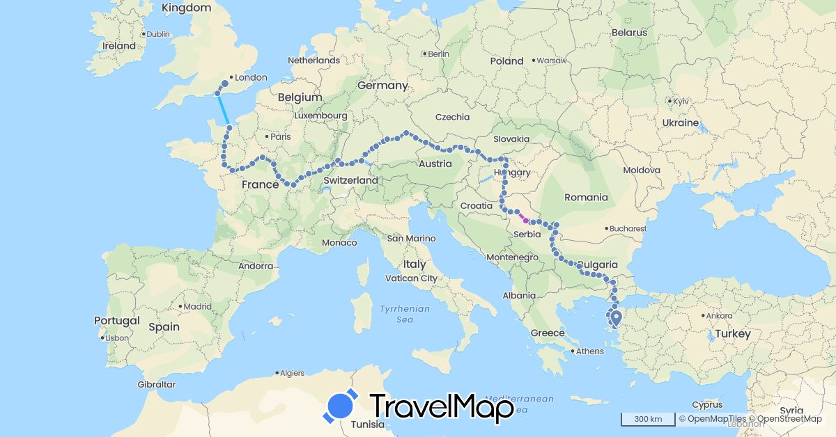 TravelMap itinerary: driving, cycling, train, boat in Austria, Bulgaria, Switzerland, Germany, France, United Kingdom, Croatia, Hungary, Serbia, Slovakia, Turkey (Asia, Europe)