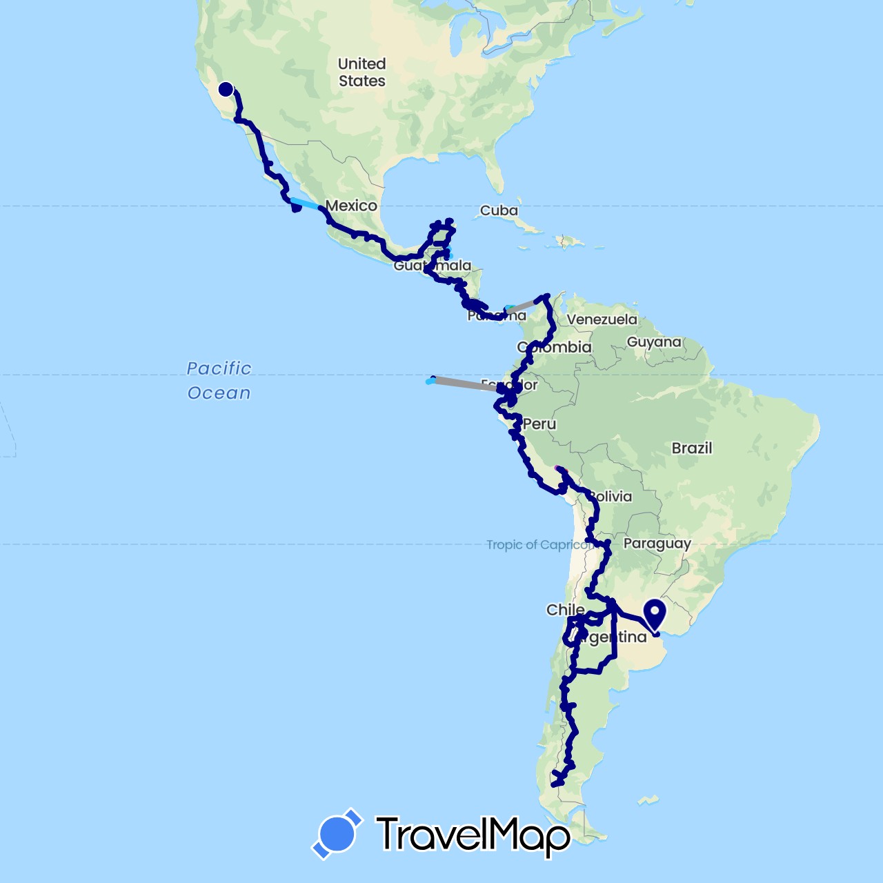 TravelMap itinerary: driving, bus, plane, train, hiking, boat in Argentina, Bolivia, Belize, Chile, Colombia, Costa Rica, Ecuador, Guatemala, Mexico, Nicaragua, Panama, Peru, El Salvador, United States (North America, South America)